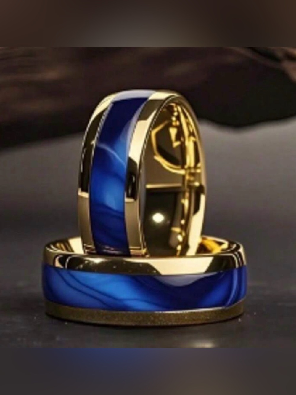 Gold Tone Ring with Deep Blue Inlay sz 12